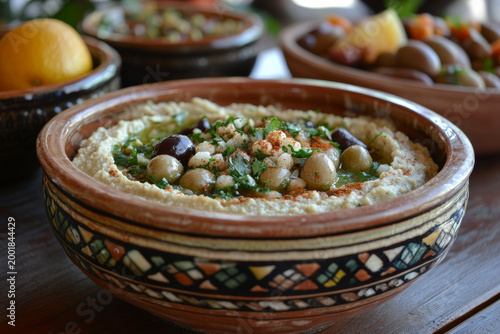 Moroccan mezze platter with hummus and couscous