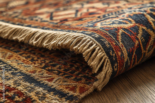 Close-up of handwoven rug in deep reds and golds