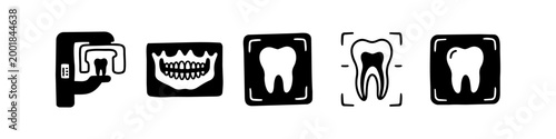 Hand-drawn dental X-ray icons featuring panoramic jaw scans and individual tooth radiographs. Minimalist doodle style for dental clinic websites, educational materials, and oral health apps.