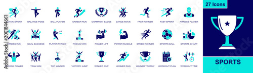 Sports icon set. Containing active sport, balance pose, fast runner, sports ball, champion badge, podium win, power lift, winner trophy, workout plan and more. Solid fill vector icons.