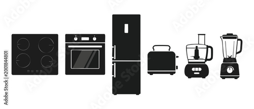 Kitchen appliance icons set, refrigerator oven toaster blender vector. Household equipment silhouette collection for culinary interior design, modern cooking tools collection isolated on white backgro