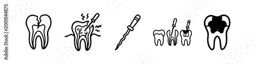 Set of dental icons illustrating root canal treatment and tooth decay processes. Minimalist black line art showing cracked teeth, dental files, and endodontic procedures for oral health.