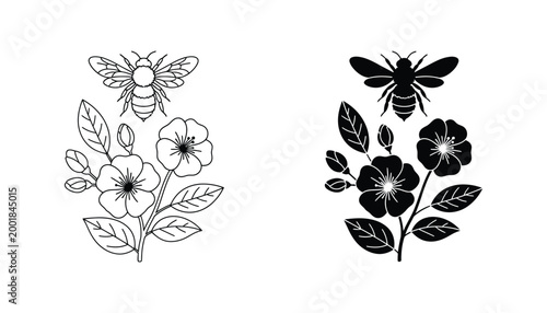 Honey bee flying above blooming flowers and foliage vector illustration for nature and organic honey themed branding design assets isolated on white background