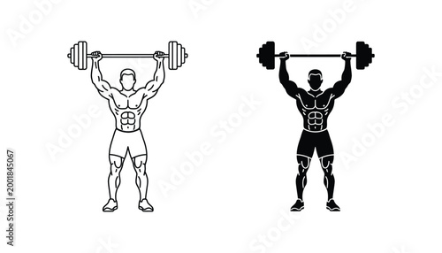 Muscular bodybuilder lifting heavy barbell over head vector illustration for gym and fitness branding or sports apparel design assets isolated on white background