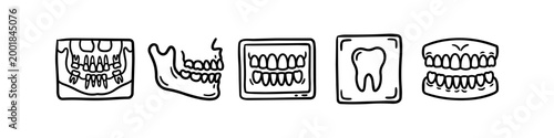 Hand-drawn dental icons set featuring X-rays, jaw profiles, and teeth. Minimalist black line art doodles for stomatology, oral hygiene, radiology, and dental healthcare concepts.