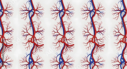 Abstract illustration of branching red and blue vascular structures on white