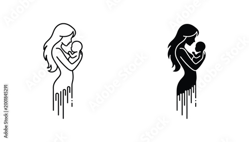 Mother holding newborn baby outline and solid silhouette vector illustration representing love family connection and motherhood in minimalist art style