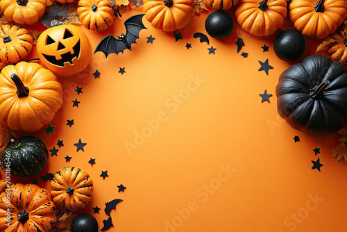 Halloween Party Decorations on Bright Orange Background