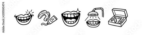 Set of hand-drawn dental whitening icons featuring a whitening kit, LED light, gel, and bright smiles. Perfect for oral hygiene, professional dentistry, and home care illustrations.