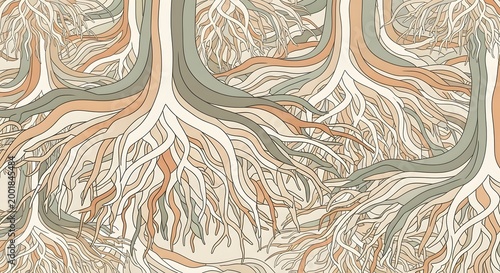 Abstract illustration of interconnected tree roots with earthy color palette