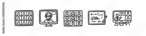 Collection of hand-drawn doodle icons for video conferencing, webinars, and online education. Minimalist black line art illustrating remote work, virtual meetings, and digital learning concepts.