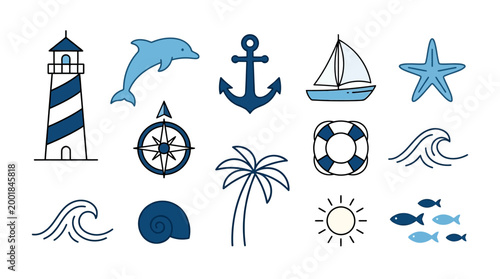 Nautical icons set vector illustration of sea beach travel vacation symbols including boat anchor sun ship umbrella and palm elements