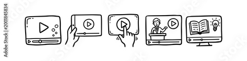 Hand-drawn doodle icons of video players, online learning tools, and digital media symbols. Sketchy illustrations for e-learning, webinars, and tutorial concepts.