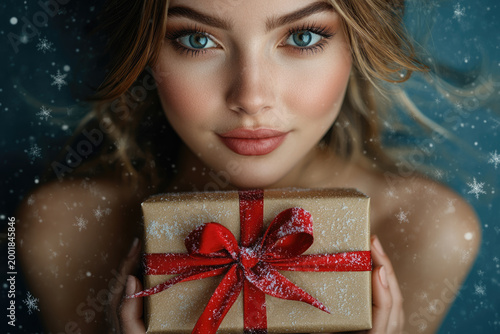 Flat Lay Holiday Scene with Red Bow and Gift Box