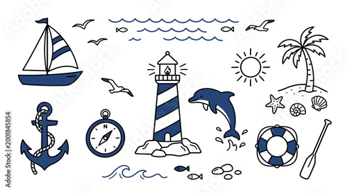 Vector set of summer beach and nautical icons featuring sea, boats, sailboats, ocean waves, sun, anchor, lighthouse and travel symbols