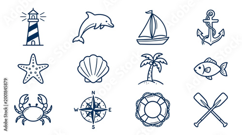 Vector set of religious and nautical icons including crosses, anchors, ships, lighthouses, stars, sun, and sea travel symbols in black silhouette design