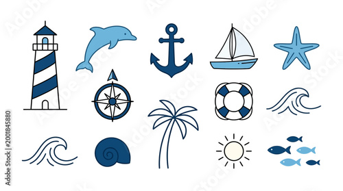 Nautical travel and beach vector icon set featuring sea symbols, boats, anchors, umbrellas, sun, ocean, and vacation elements