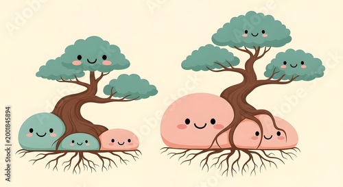 Cartoon bonsai trees with smiling faces illustration on beige background