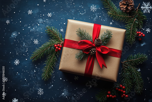 Woman’s Hands Holding Christmas Gift on Snowy Blue Background
