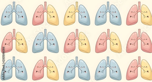 Cartoon lung illustrations in a grid pattern medical anatomy concept