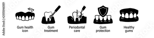 Set of hand-drawn dental icons for gum health, including treatment, periodontal care, protection, and healthy gums. Minimalist black and white vector illustrations for dentistry.