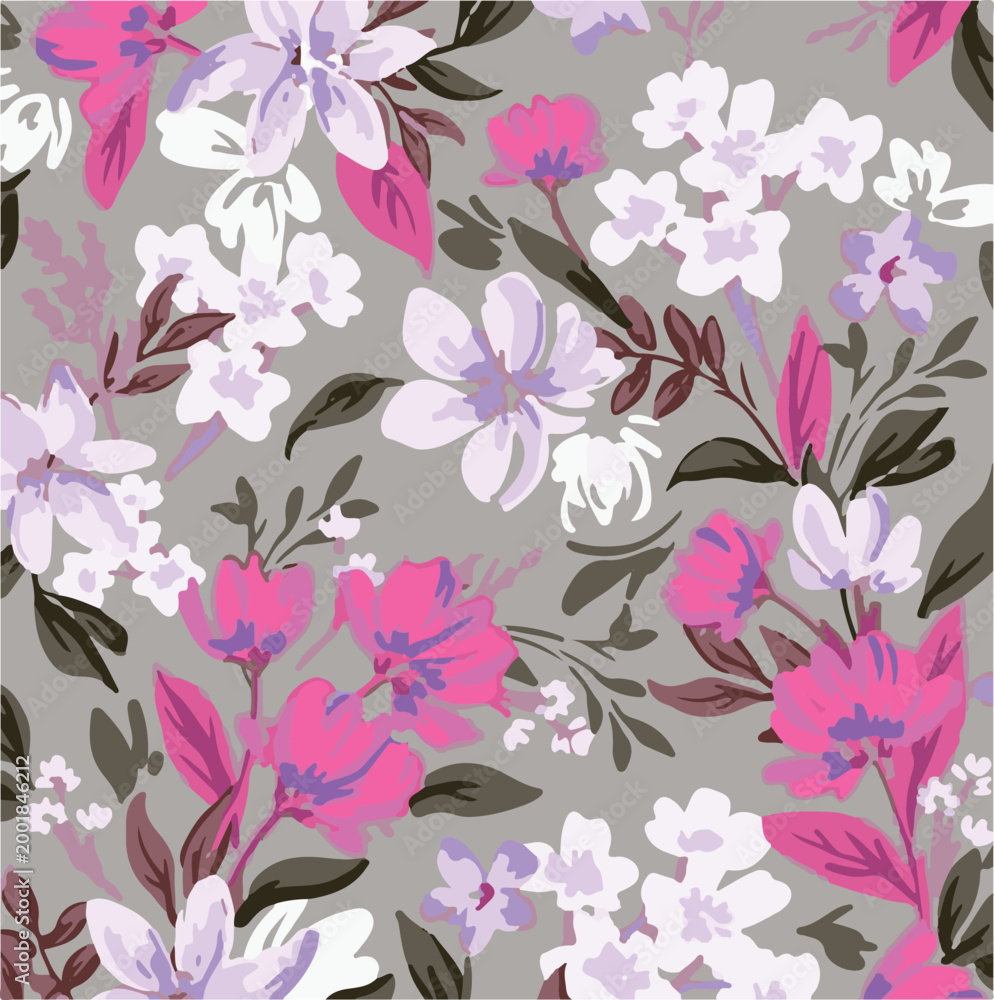 Naklejka premium Big flowers pattern, upscale floral pattern. graphical textures floral, trendy colors pattern , flowers background with leaves. vector illustration.