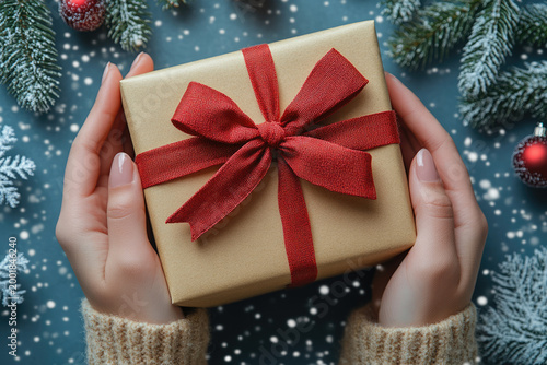 Top View of Wrapped Present with Red Ribbon and Snowflakes