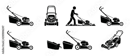 Lawn mower icon set collection, person mowing grass, garden machinery equipment silhouette, isolated vector symbols for landscaping maintenance and backyard yard work business service design interface