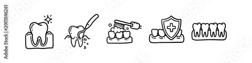 Hand-drawn dental care doodle icons set featuring tooth brushing, professional cleaning, protection shield, and healthy teeth. Minimalist black outline illustrations for stomatology and oral hygiene.