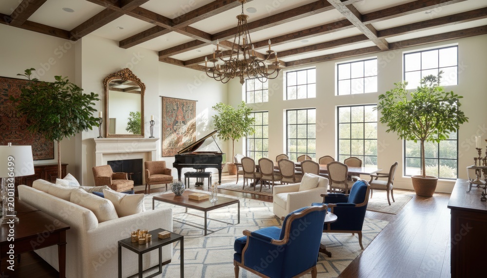 Naklejka premium Luxurious grand living room with high ceilings and wood beams, elegant open concept interior with grand piano and dining area, bright upscale home design