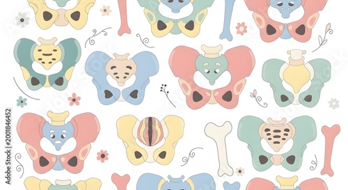 Colorful anatomical illustrations of pelvis bones isolated on white background