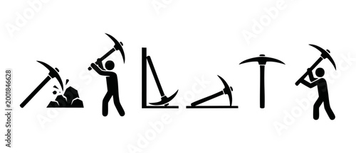Pickaxe icon set, stick figure mining vector illustration for construction and geology design. Professional silhouette graphic collection depicting manual labor, excavation tools, and industrial work