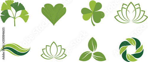 Leaf and Nature Logo Vector Set Featuring Green Leaves, Clover, Lotus, and Organic Symbols for Digital Design.