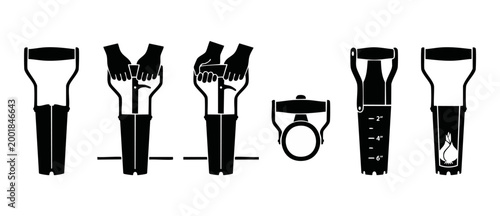 Bulb Planter Tool Instruction Icon Set for Gardening and Planting. Vector illustration showing step-by-step usage of a handheld steel bulb planter for spring flowers, tulips, and vegetable seedlings.
