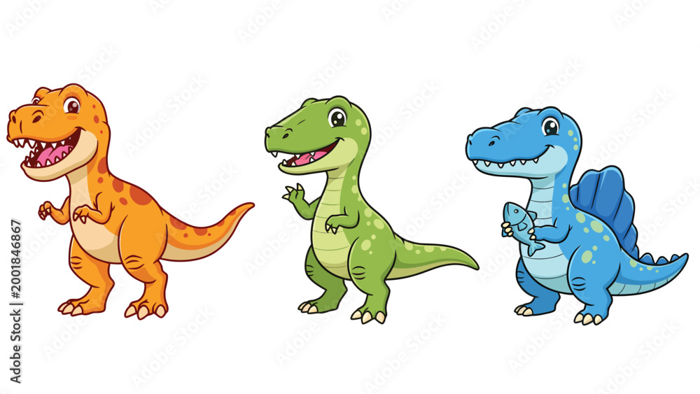 Fototapeta premium Cheerful Cartoon Dinosaur Trio: Orange T-Rex, Green Dino, Blue Spinosaurus with Fish Illustration