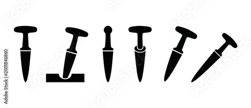 Dibber Garden Tool Icon Set, Planting and Seedling Dibble Vector Silhouettes for Agriculture and Gardening, Manual Soil Hole Puncher Collection for Vegetable Growing, Isolated Flat Design Graphics