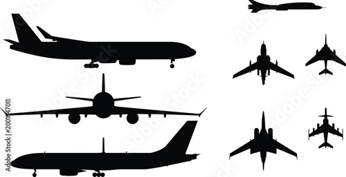 Airplane and jet aircraft silhouettes set with commercial airliner military fighter transport aviation collection isolated