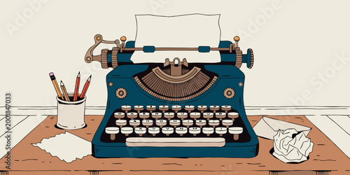 Analog tech aesthetic with vintage typewriter on desk paper sheet pencils and crumpled pages nostalgic writing workspace retro style illustration
