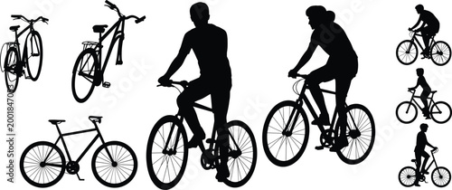 Bicycle and cyclist silhouettes set with riders mountain bike road cycling transportation and outdoor activity collection