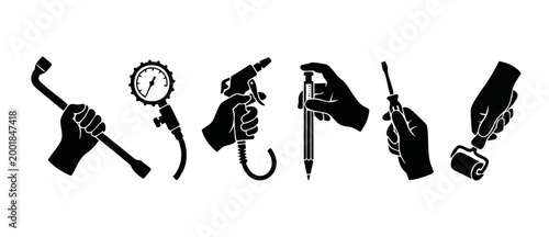 Hands holding mechanic tools icon set, garage workshop equipment symbols including tire gauge, air nozzle, screwdriver, and roller for car maintenance repair service vector illustration isolated on wh