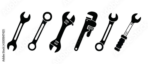 Wrench and Spanner Tool Set, Industrial Mechanic Equipment Icons for Construction and Engineering Repair, Black Silhouette Collection on White Background for DIY Projects and Workshop Maintenance Task