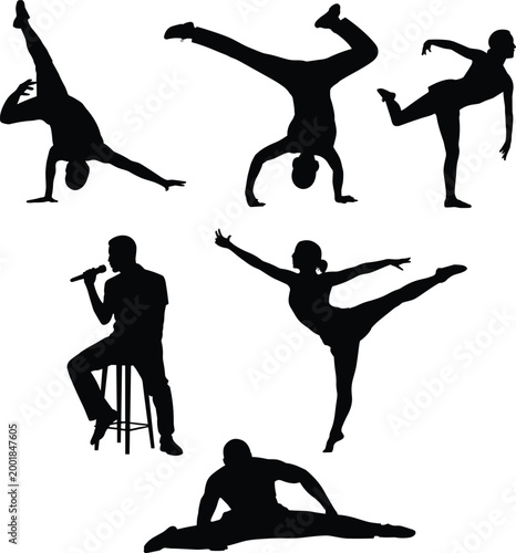 Dance and performance silhouettes set with acrobatic moves and singer poses isolated on white background for entertainment concepts