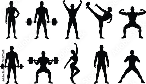 Fitness and bodybuilding silhouettes set with weightlifting martial arts and strength poses isolated on white background for sports concepts