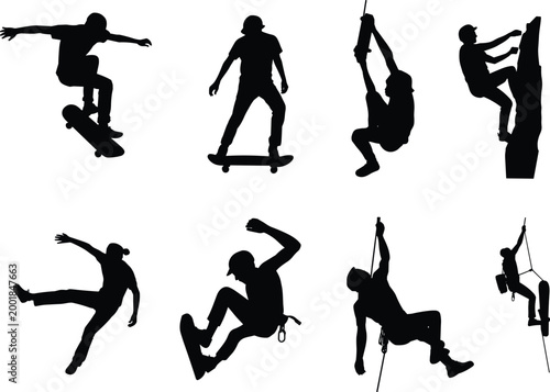 Extreme sports silhouettes set with skateboarding climbing and rappelling action poses isolated on white background for adventure concepts
