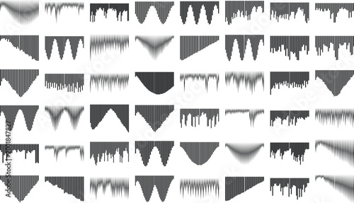 Abstract halftone drip patterns and liquid melting silhouettes, collection of 48 monochrome vector shapes with gradient textures and jagged edges. Minimalist black and white graphic elements