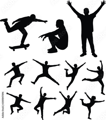 Jumping people and skateboarder silhouettes set with dynamic poses isolated on white background for active lifestyle concepts