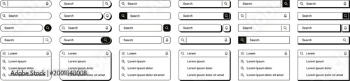 Modern minimalist flat outline search bar with dropdown suggestions. Simple line search window templates with voice search buttons for mobile app or website design, web browser UI element vector set