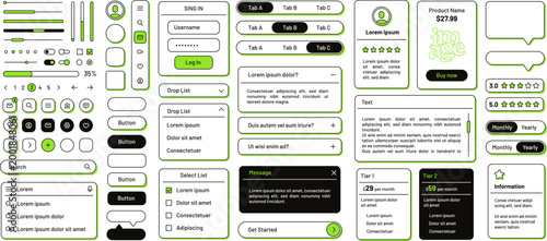 Minimalist flat outline web UI elements, buttons, sliders and icons. Funky line interface panels with accent color drop shadow for mobile app or website, web forms and search bar templates vector set