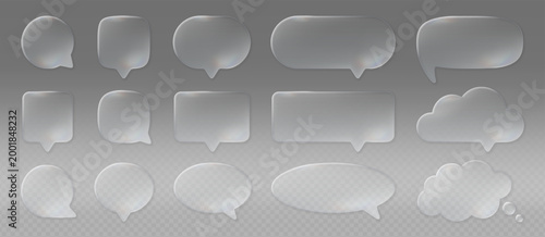 3D liquid glass speech bubbles with soft refraction effect, transparent chat balloons in various shapes. Realistic glass cloud bubble, blank dialog balloon, modern glassmorphism UI elements vector set