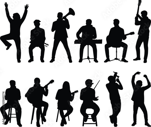 Music band silhouettes set with musicians playing instruments and performing poses isolated on white background for entertainment concepts